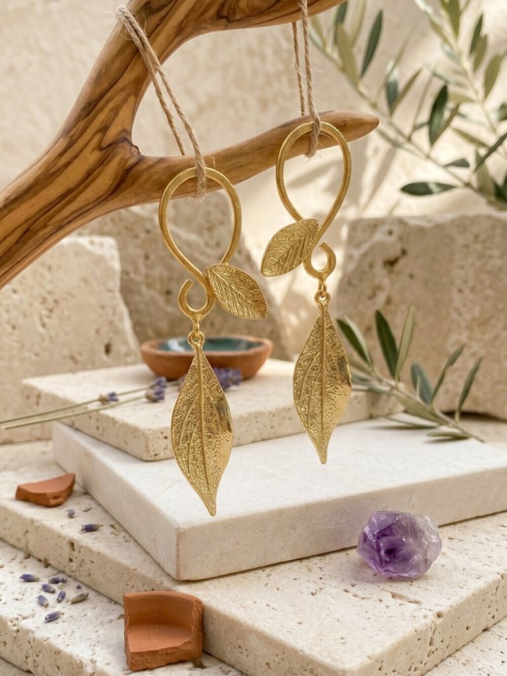 Turkish Gold Leaf Drop Earrings 18K Plated Brass Boho Statement Dangle Handmade - Picture 13 of 17